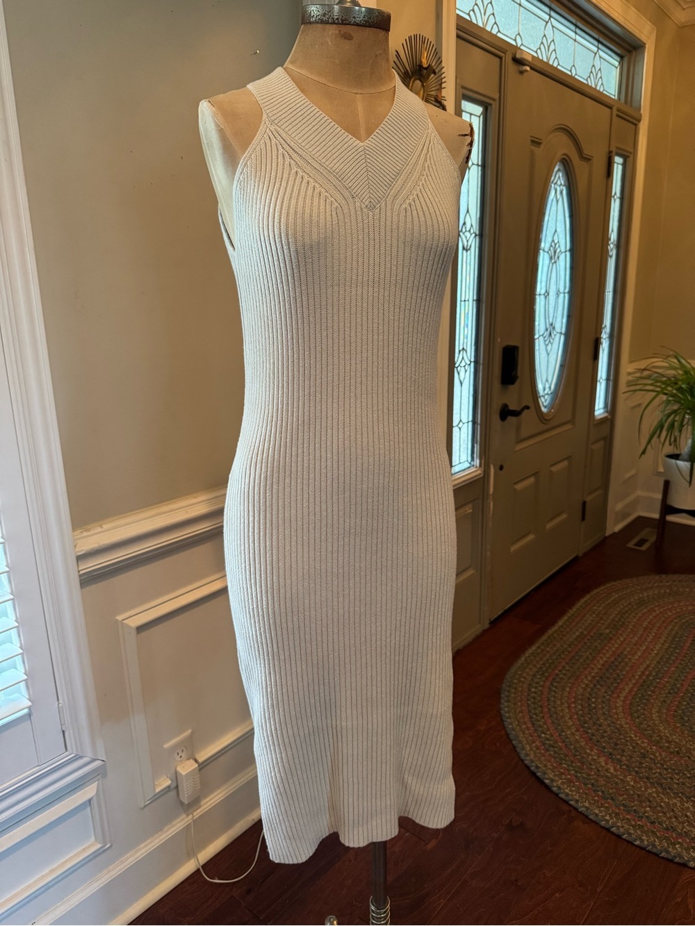 AllSaints Cream Ribbed Knit Midi Dress